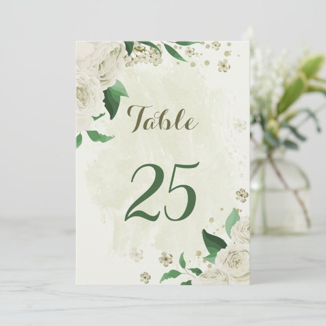 Ivory white flowers greenery table number card (Standing Front)