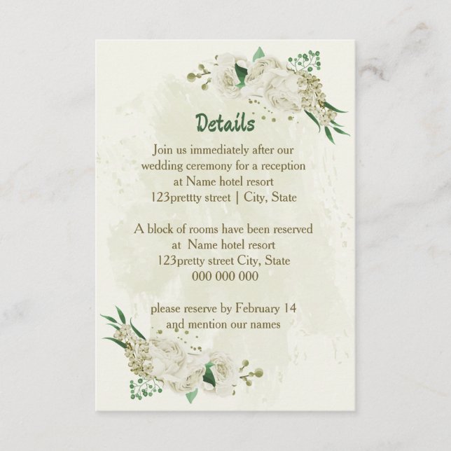 Ivory white flowers greenery wedding details enclosure card (Front)