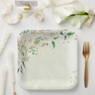 Ivory white flowers greenery wedding paper plate