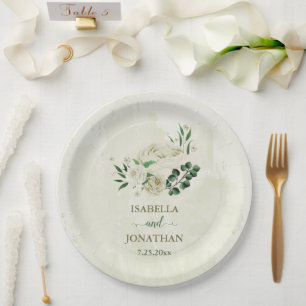 Ivory white flowers greenery wedding paper plate