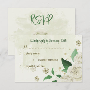 Ivory white flowers greenery wedding RSVP card
