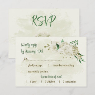Ivory white flowers greenery wedding RSVP card