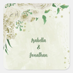 Ivory white flowers greenery wedding square sticker
