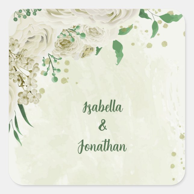 Ivory white flowers greenery wedding square sticker (Front)