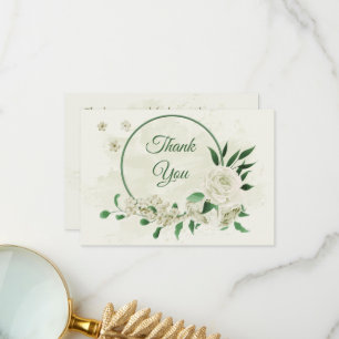Ivory white flowers greenery wedding thank you card