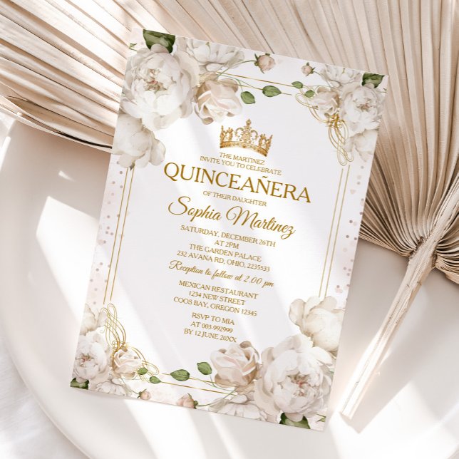 Ivory White Flowers Mexican Gold Charra Mis Quince Invitation (Creator Uploaded)