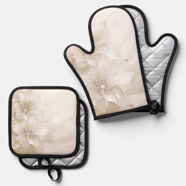 Ivory White Flowers Oven Mitt & Pot Holder Set (Front/Back)