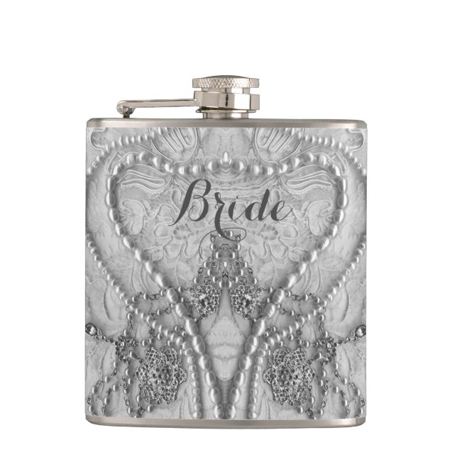 Ivory White Girly Lace And Purls Bride Flask (Front)