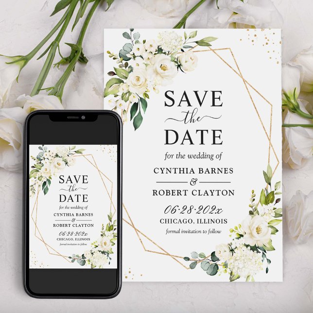 Ivory White Green Floral Modern Gold Geometric Save The Date (Creator Uploaded)