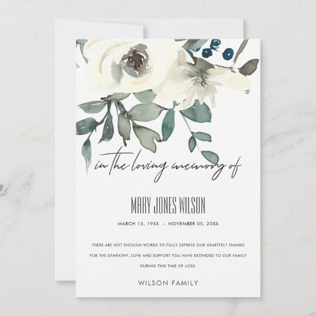 IVORY WHITE GREEN ROSE FLORAL SYMPATHY MEMORIAL THANK YOU CARD (Front)