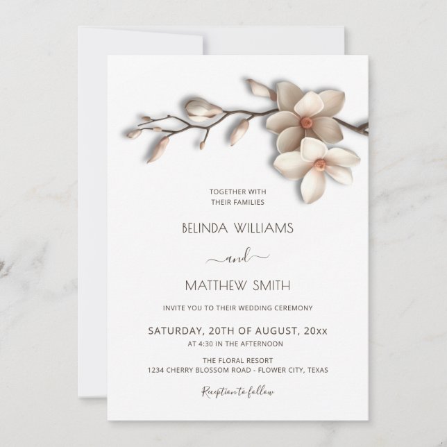 Ivory White Magnolia Textural Flower Wedding Invitation (Front)