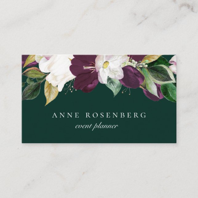 Ivory White Plum Purple Floral Emerald Business Card (Front)