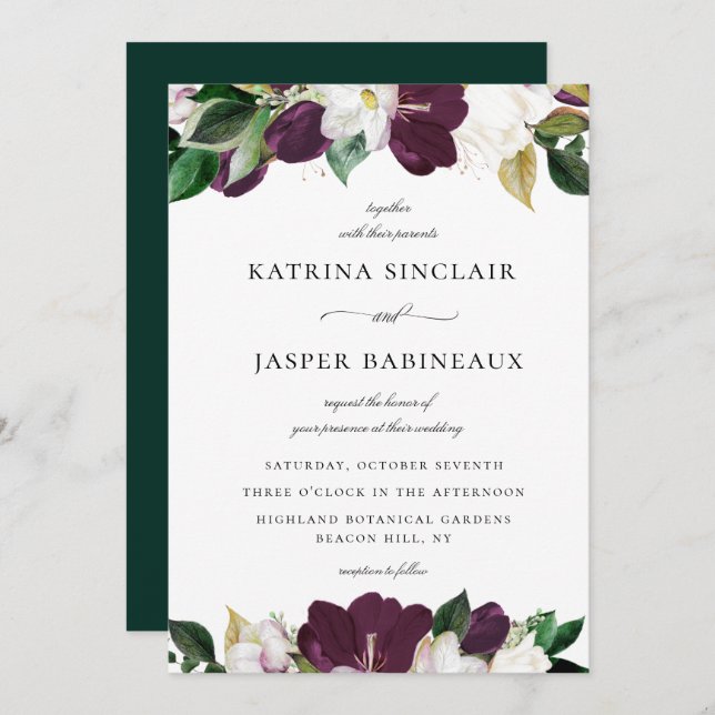 Ivory white Plum Purple Floral Wedding Invitation (Front/Back)
