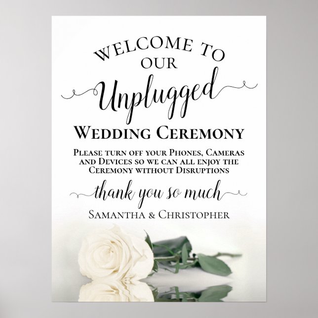 Ivory White Rose Chic Unplugged Wedding Ceremony Poster (Front)