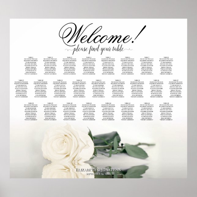 Ivory White Rose Elegant 25 Table Seating Chart (Front)