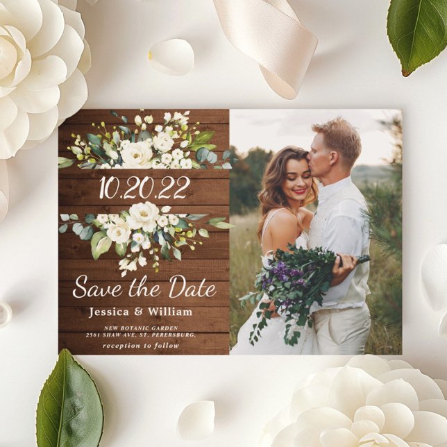 Ivory White Rose Greenery Photo Save the Date Card (Creator Uploaded)