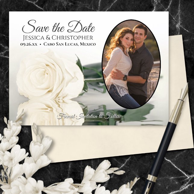 Ivory White Rose with Oval Photo Romantic Wedding Save The Date (Front/Back with Flowers & Pen)