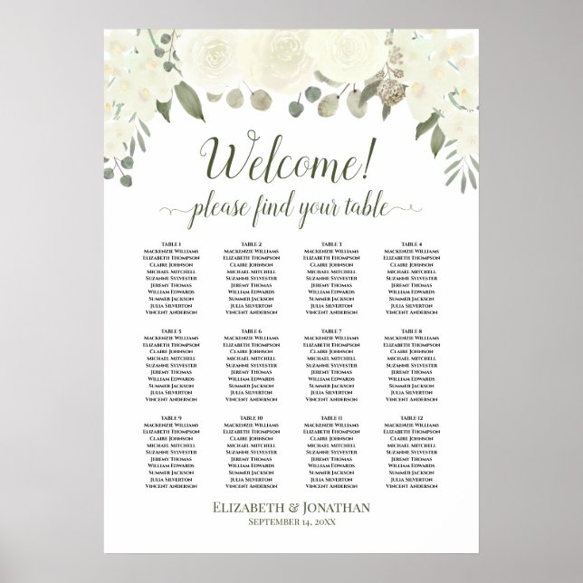 Ivory White Roses 12 Table Wedding Seating Chart (Front)