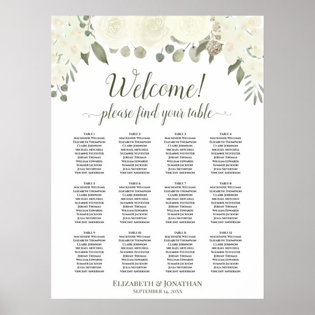 Ivory White Roses 12 Table Wedding Seating Chart (Front)