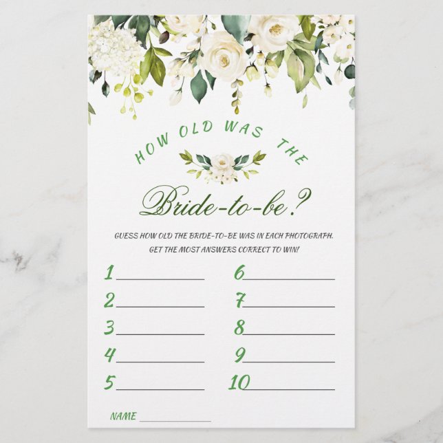 Ivory White Roses Bridal Shower Game (Front)