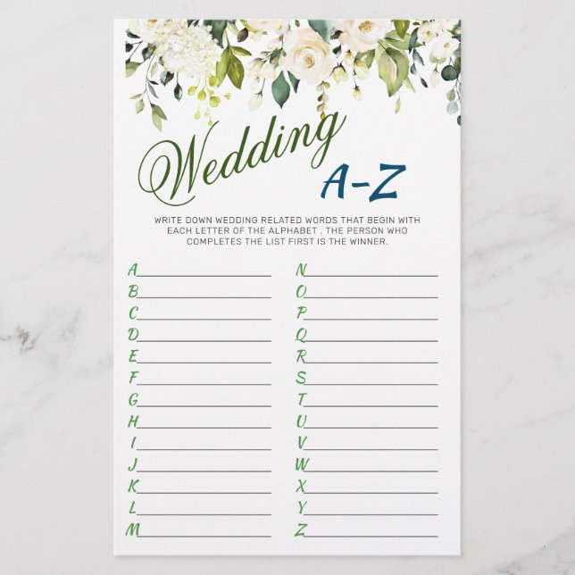 Ivory White Roses Floral Bridal Shower Game (Front)