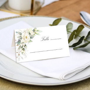 Ivory White Roses Floral Greenery Wedding Table Place Card