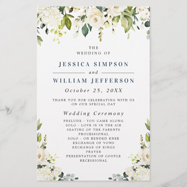 Ivory White Roses Floral Wedding Ceremony Program (Front)