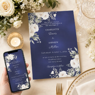 Ivory white roses florals blue wedding invitation