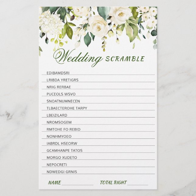 Ivory White Roses Greenery Bridal Shower Game (Front)