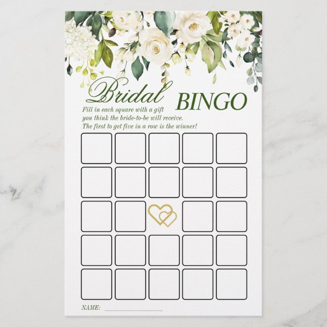 Ivory White Roses Greenery Bridal Shower Game (Front)