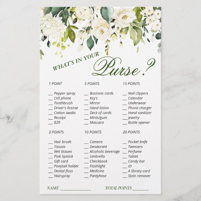 Ivory White Roses Greenery Bridal Shower Game (Front)