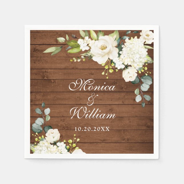 Ivory White Roses Greenery Rustic Wood Wedding Napkin (Front)
