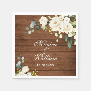 Ivory White Roses Greenery Rustic Wood Wedding Napkin