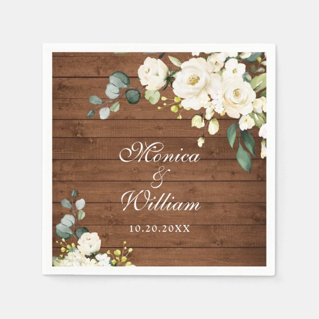 Ivory White Roses Greenery Rustic Wood Wedding Napkin (Front)