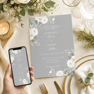 Ivory white roses grey wedding invitation