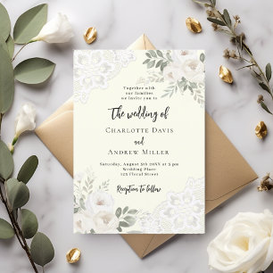 Ivory white roses lace wedding invitation