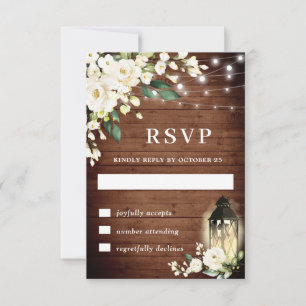 Ivory White Roses Rustic Wood Lantern RSVP Card