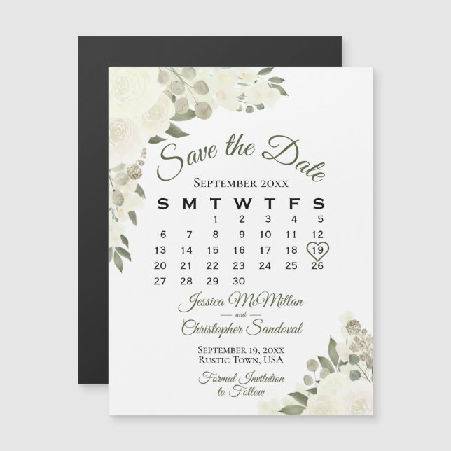 Ivory White Roses Save the Date Calendar Magnet (Front/Back)