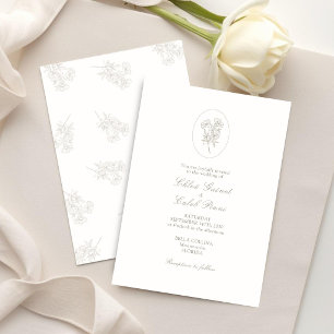 Ivory White & Sand   Botanical Oval Wedding  Invitation