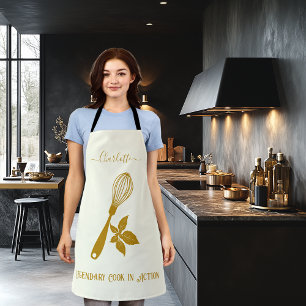 Ivory with Dark Gold Whisk and Herb Design Apron