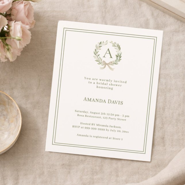 Ivory wreath monogrammed Bridal Shower invitation (Creator Uploaded)