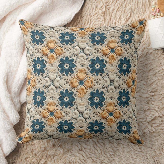 Ivory Yellow and Blue Faux Crochet Cushion (Blanket)