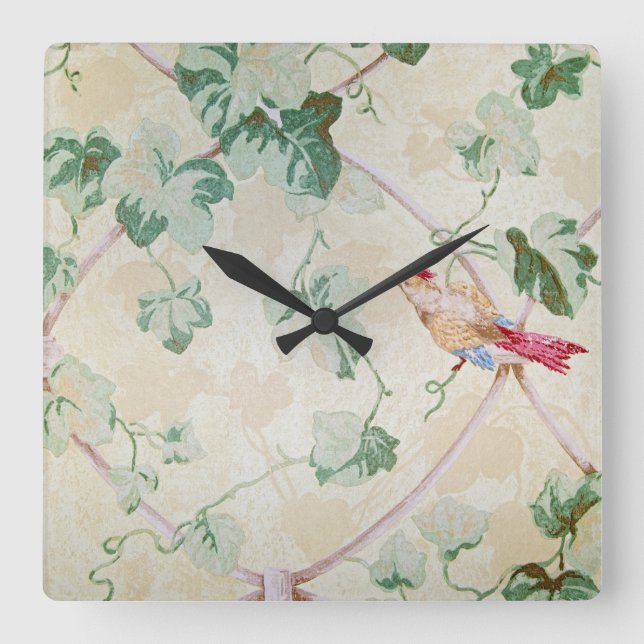 ivy and bird design retro wallpaper square wall clock (Front)