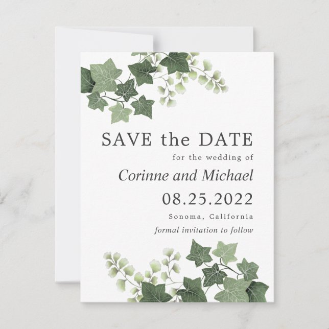 Ivy and Fern Greenery Wedding Save the Date (Front)