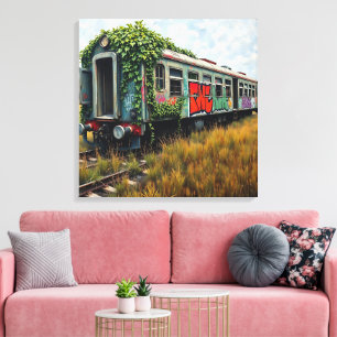 Ivy and Graffiti Covered Abandoned Train Canvas Print