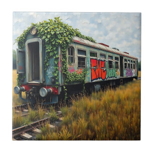 Ivy and Graffiti  Covered Abandoned Train  Ceramic Tile