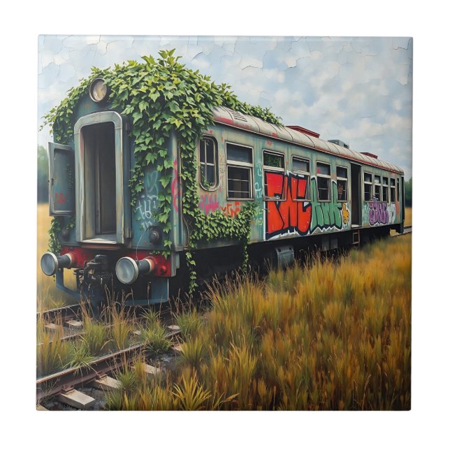 Ivy and Graffiti  Covered Abandoned Train  Ceramic Tile (Front)