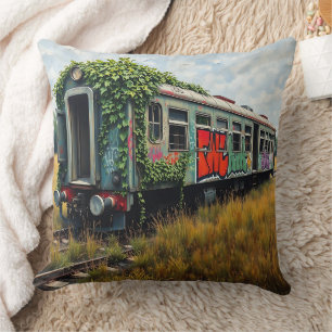 Ivy and Graffiti  Covered Abandoned Train  Cushion