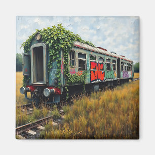 Ivy and Graffiti Covered Abandoned Train Magnet