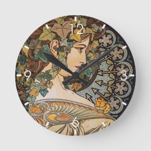 Ivy Hair Girl Painting by Alphonse Mucha Round Clock